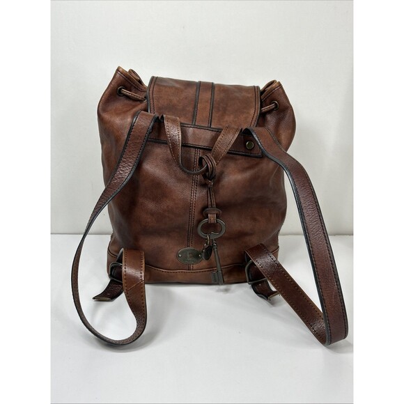 Fossil Genuine Leather Long Live Vintage 1954 Bucket Backpack Brown Key Charm - Picture 12 of 16